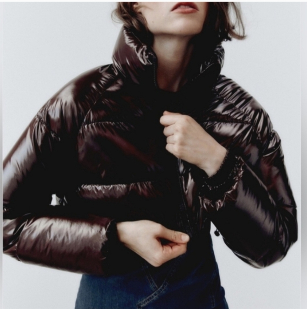 Zara Brown Shiny Cropped Puffer Jacket Coat Lightweight Long Sleeve Puffer Small